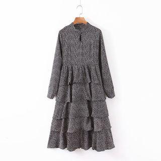 Long-sleeve Maxi Floral Layered Dress Black - One Size