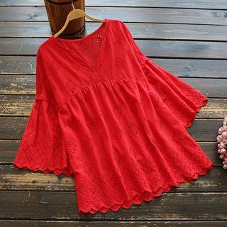 3/4-sleeve Embroidered Perforated Tunic