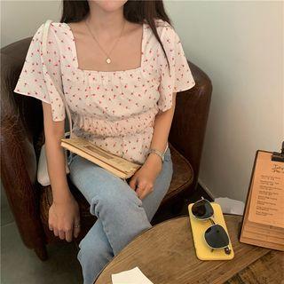 Square-neck Floral Printed Ruffled Blouse White - One Size