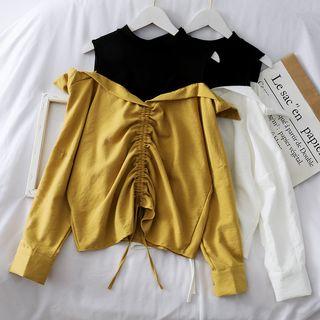 Off-shoulder Mock Two-piece Drawstring Blouse