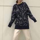 Oversized Print Sweater Navy Blue - One Size