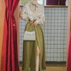Set: Long-sleeve Ruffled Blouse + Slit Midi A-line Skirt