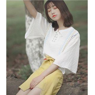 Lace-up Bell Elbow-sleeve Chiffon Top