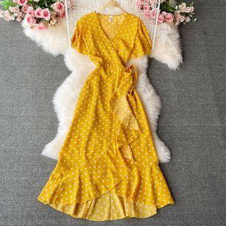 Short-sleeve Dotted Ruffle Hem Maxi Sheath Dress