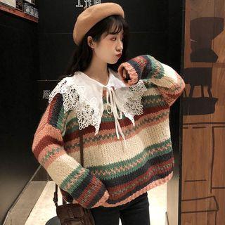 Lace Collar Blouse / Striped Sweater