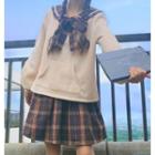 Sailor Collar Ribbon Pullover / Plaid Mini A-line Skirt