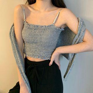 Wood Ear Flower Trim Ruched Cropped Tank Top