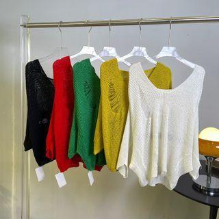 V-neck Plain Distressed Sweater