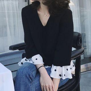3/4-sleeve Polka Dot Chiffon Trim Top