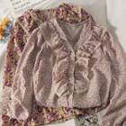 Floral Ruffle-trim V-neck Shirt