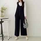 Button-trim Wide-leg Overall Pants