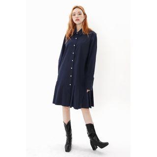Wide-cuff Pleated-hem Shirtdress Navy Blue - One Size