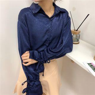 Stand-collar Long-sleeved Strappy Plain Blouse