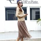 Pleated Lace Overlay Midi Skirt