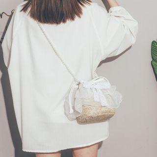 Faux Pearl Mesh Panel Woven Crossbody Bag