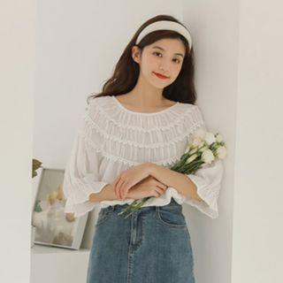 Ruffle Elbow-sleeve Top White - One Size