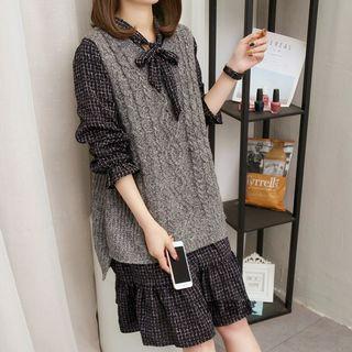 Cable-knit Vest / Long-sleeve Plaid Dress