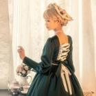 Set: Long-sleeve Embroidered Midi A-line Dress + Belt