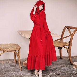 Set: Long-sleeve Embellished Midi A-line Dress + Tasseled Shawl