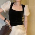Puff-sleeve Square Neck Plain Panel Sheer Top
