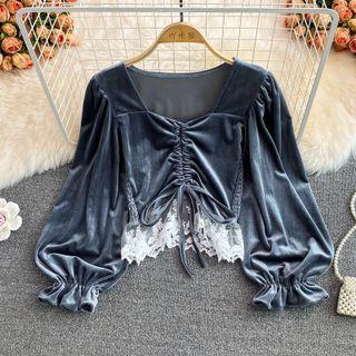 Lace Panel Drawstring Velvet Blouse