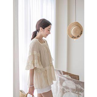 Square-neck Elbow-sleeve Lace-trim Top