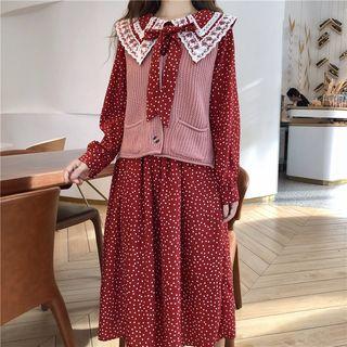 Dotted Long-sleeve Collared Midi Dress / Knit Vest