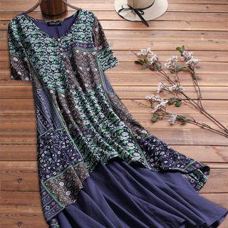 Short-sleeve Print Mock Two-piece Dress