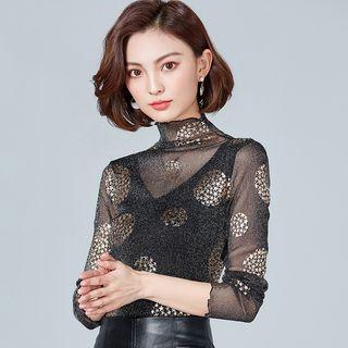 Turtleneck Star Print Long-sleeve Mesh Top