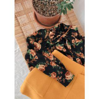 Scarf-neck Rose Pattern Blouse