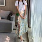 Set: Short-sleeve Printed T-shirt + High-waist Floral Side-slit Dress
