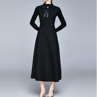 Set: Mock-turtleneck Knit Top + Sleeveless Midi A-line Dress