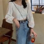 Plain Single-breasted Long-sleeve Blouse White - One Size