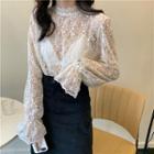 Mock-turtleneck Bell-sleeve Lace Top Almond - One Size