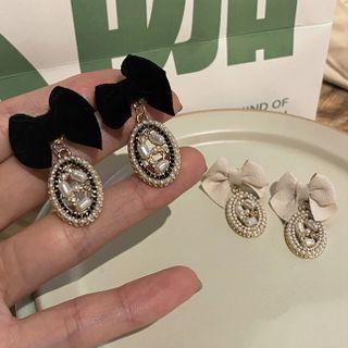 Bow Velvet Faux Pearl Rhinestone Dangle Earring