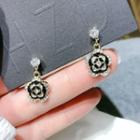 Flower Glaze Rhinestone Dangle Earring 1 Pair - Camellia - Black & Gold - One Size