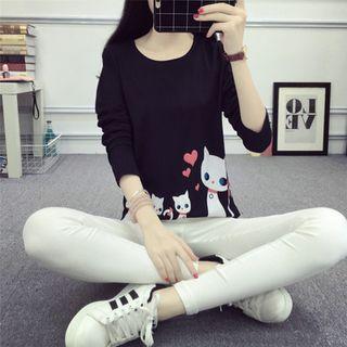 Long-sleeve Cartoon Cat Printed T-shirt