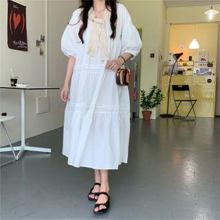 Puff-sleeve Tiered Midi A-line Dress / Lace Shawl