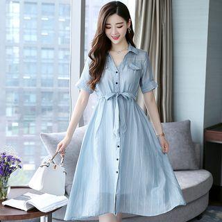 Set: Striped Short-sleeve Shirt Dress + Plain Slipdress