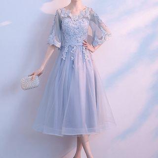 Elbow-sleeve Lace Panel A-line Evening Gown / Cocktail Dress