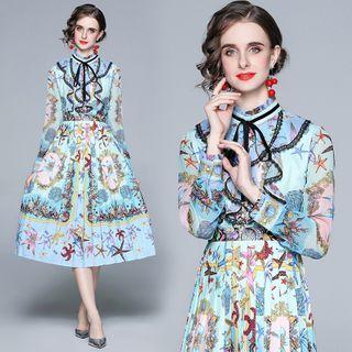 Long-sleeve Shell Print Lace Trim Midi A-line Dress