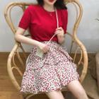 Short-sleeve T-shirt / Mini Cherry Print Layered Skirt