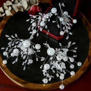 Set: Flower Beaded Hair Clip + Clip-on Earring 1 Pair - Hair Clips - White - One Size / 1 Pair - Clip-on Earrings - White - One Size
