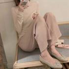 Set: Turtleneck Long-sleeve Top + Plain Cardigan + Wide Leg Pants