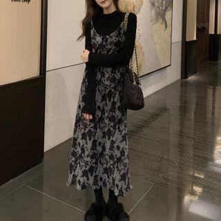 Long-sleeve Top / Floral Print Corduroy Maxi Overall Dress