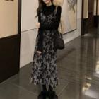 Long-sleeve Top / Floral Print Corduroy Maxi Overall Dress