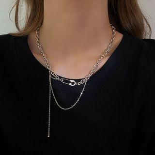 Safety Pin Rhinestone Alloy Choker Necklace - Safety Pin - Letterint - Silver - One Size