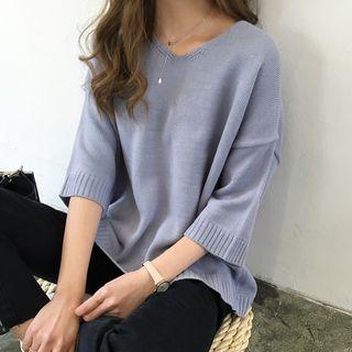 Plain V-neck 3/4 Sleeve Sweater