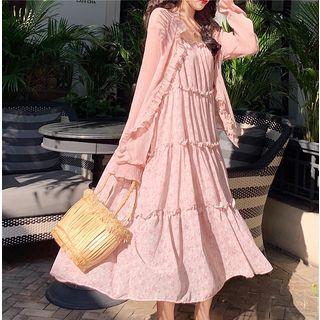 Floral Strappy Midi Chiffon Dress / Light Jacket