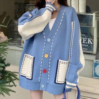 Color Block V-neck Cardigan Blue - One Size